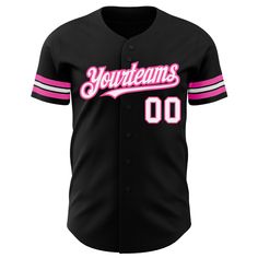 Custom Black White-Pink Authentic Baseball Jersey Black Varsity Sublimation Design With Team Logo, Black Sublimation Design With Team Logo For Baseball Season, Pink Team Spirit Jersey With Team Name, Pink Jersey With Team Name For Team Spirit, Customizable Black Baseball Jersey For Game Day, Black Baseball Jersey With Letter Print For Team Events, Pink Jersey With Letter Print For Team Events, Pink Jersey With Letter Print For Sports Season, Pink Baseball Jersey With Letter Print