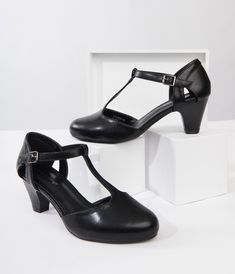 Unique Vintage Black Leatherette Closed Toe T-Strap Roxy Pumps - Unique Vintage - Womens, SHOES, HEELS Flapper Shoes, Jazz Night, 1950s Shoes, 1920s Shoes, Dance Partner, Flapper Costume, Boost Shoes, Vintage Styling, Partner Dance