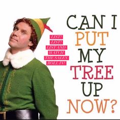 the elf is looking up with his hat on and there are words above him that say, can i put my tree up now?