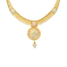 Indulge in the luxury of 22k yellow gold with this exquisite necklace and earring set by Virani Jewelers. This beautiful gold necklace and earring set features a mesmerizing mix of traditional elements and modern charm, reflecting the rich heritage of Indian gold jewelry. The intricate design and vibrant details make this 22k gold necklace and earring set a perfect choice for those who appreciate timeless elegance and exquisite craftsmanship.Features• 22k yellow goldNecklace Specifications:• Min 22k Yellow Gold Chandbali Kundan Necklace, Yellow Gold Round Temple Necklace With Meenakari, Luxury Gold Kundan Necklace With Meenakari, 22k Gold Round Temple Necklace With Meenakari, 22k Yellow Gold Kundan Necklace With Meenakari, 22k Gold Temple Necklace With Meenakari, Luxury Gold Meenakari Bridal Necklace, Yellow Gold Kundan Necklace With Intricate Design, 22k Gold Bridal Necklace With Meenakari