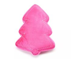 a pink christmas tree shaped pillow with stitching on the front and back side, set against a white background