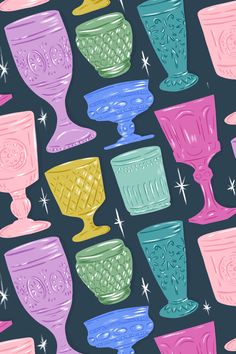 colorful glass goblets with sparkles on a black background seamless wallpaper