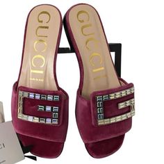 Gucci Women's Velvet Buckle Crystal G Details Slide Sandals Sz 36.5 Pink Rose Color     Brand Gucci     Style Slide Sandals     Color Pink Rose     Closure Slip on     Features Front Buckle With Crystal G, Velvet Slides, Heel 1cm, Included Dust Bag     New With Box     Material Cotton / Velvet     Model 551445 K4D00 Pink Rose Color, Hee Haw, Gucci Style, Handmade Sandals, Gucci Fashion, Cotton Velvet, Rose Color, Slide Sandals, Pink Rose