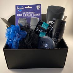 THIS CARE PACKAGE COMES WITH 1 AXE BLACK DEODORANT BODY SPRAY 6  SINGLE PACK ON THE GO DUDE WIPES  1 AXE BLACK 3 IN 1 BODY, FACE, HAIR WASH  1 BATTERY POWERED BEARD & MUSTACHE TRIMMER  1 DOVE MEN CARE HYDRA CREAM (2.53oz) 1 LOOFAH Men’s Birthday Basket, Teen Boy Gift Basket, Gift Basket Men, Mens Gift Basket Ideas, Mens Christmas Gifts, Dude Wipes, Survival Kit Gifts, Care Basket, Gift Baskets For Men