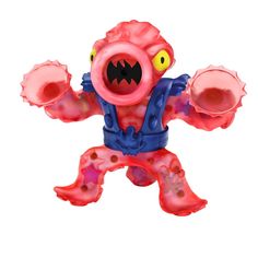 a red and blue toy with an evil face