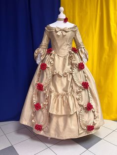 A beautiful dress in the style of the 18th century fashion. The dress is made on the images of paintings and well-known movies. This variant of the dress will perfectly suit to the recreation the image of princess Belle. A dress consists of two parts: the top and the separate skirt. As a fabric we have chosen dense tafetta. The sleeves are decorated with the lace. The costume is completed with contrasting red roses, which are made from satin. The size is adjustable by the lace on the back. Due t Belle's Dress, Belles Dress, Era Outfits, Draw Clothes, Elven Dress, Elf Dress, 18th Century Dress, Custom Made Suits, Century Dress