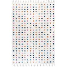 a white rug with multicolored dots on the front and back of it,