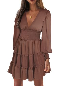 Brown Frill Smocked Detail Sheer Long Sleeve Dress Chic Fitted V-neck Smocked Dress, Fall Date Night Dress With Smocked Back, Casual Tiered Chiffon Mini Dress, V-neck Mini Dress With Smocked Back For Casual Wear, V-neck Chiffon Dress With Smocked Bodice, Elegant Smocked Dress For Spring Date Night, Casual Billowy Pleated Dresses, Chic Pleated Smocked Dress For Spring, Brown Smocked Bodice Dress For Brunch