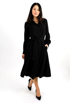 Classic Belted Shirt Dress For Semi-formal Occasions, Fall A-line Belted Shirt Dress, Elegant Long Sleeve Shirt Dress With Pockets, Elegant Long Sleeve Belted Shirt Dress, Black Belted Midi Dress For Semi-formal Occasions, Belted Midi Maxi Dress In Viscose, Workwear A-line Maxi Dress With Belt, Classic Belted Midi Dress For Office, Black Belted Dress With Tie Waist For Work