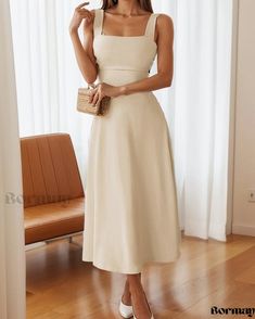 Bormay - Elegant Solid-Colored Sleeveless Dress with a Refined Look Chic Sleeveless Solid Color Dress For Brunch, Chic Solid Sleeveless Dress For Brunch, Sleeveless Dress For Spring Brunch, Elegant Sleeveless Dress With Spaghetti Straps In Solid Color, Sleeveless Solid Color Midi Dress For Spring, Elegant Solid Color Sleeveless Summer Dress, Elegant Sleeveless Dress With Solid Color For Summer, Elegant Sleeveless Solid Color Summer Dress, Elegant Sleeveless Solid Color Maxi Dress