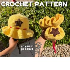 two crocheted hats with stars on them, one is yellow and the other is brown