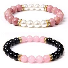 Pulsera de cuentas de cuarzo rosa para hombre y mujer, brazalete de perlas de cristal de ónix negro, Rodocrosita, howlita blanca, Ágata roja, joyería de 8mm - AliExpress Pink Pearl Bracelet, Purple Beaded Bracelets, Bracelets Black, Crystal Bead Jewelry, Diy Jewelry Unique, Pearl Bracelets, Black Beaded Bracelets, Pearl Bangle