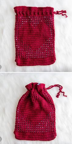 crochet drawstring on the side of a red bag with two different stitches