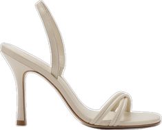 Cream Strappy Heels For Evening, Elegant Cream Sandals With Padded Heel, Feminine White Leather Sandals, Elegant Off White Leather Sandals, Elegant Cream Sandals With Wrapped Heel, Elegant Off-white Leather Sandals, Evening Cream Sandals With Single Toe Strap, Cream Evening Sandals With Single Toe Strap, Beige Almond Toe Sandals With Heel Strap