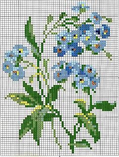 a cross stitch pattern with blue flowers and green leaves on the bottom half of it