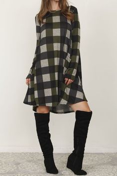 Olive Checkered A-Line Mini Dress_Plus Womens Shift Dresses, Long Sleeve Shift Dress, Plaid Fashion, Feminine Outfit, Buffalo Check, Piece Of Clothing, Dress Making, Shift Dress, Buffalo