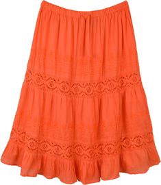 This wholesome cotton skirt in orange color with gathers on top is a cool boho chic skirt for summers and fall.  This is a casual everyday skirt with lace details, embroidery, and panels for the fullness. #tlb #Embroidered #Lace #XLPlus #Fall #Halloween #HalloweenSkirt Orange Summer Skirt With Elastic Waistband, Summer Orange Skirt With Elastic Waistband, Orange Bohemian Skirt For Summer, Orange Bohemian Skirt With Elastic Waistband, Bohemian Orange Skirt With Elastic Waistband, Orange Beach Skirt With Elastic Waistband, Bohemian Orange Skirt For Spring, Beach Cotton Skirt With Crochet Trim, Orange Cotton Skirt For Vacation