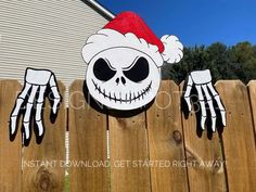 "This listing is for a 9-page DIGITAL PDF that you can print from home to make your very own Jack Skellington peeking over the fence! This works for Halloween AND Christmas seasons!  Once completed he will hang 16\" tall by 16\" wide with the hat; hands will be 10\" long. You can choose to omit the hat if you'd like.  This hand-drawn PDF includes a total of 9 sheets: 1 instruction page with suggested paint colors, 4 pages for the head, and two sets of hands - one set is drawn with 5 fingers, and the other set has 4 fingers so you can choose which look you want!  **I have created these NBC characters to be a certain size to fit on one sheet of plywood together. If you plan to do more than one of my NBC patterns, please look at the plywood picture for how to lay all 5 of them out to minimize Nightmare Before Christmas Decor Diy, Diy Jack Skellington Decoration, Jack Skellington Christmas Decorations, Jack Skellington Decorations, Nightmare Before Christmas Decorations Xmas, Diy Christmas Yard Art, Jack Halloween, Nightmare Before Christmas Decorations, Christmas Template