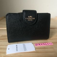 100% Authentic Coach 6390 Medium Corner Zip Brand New With Tags Black And Gold Hardware Wallet Comes In Original Packaging Coach Black Coin Purse For Everyday, Classic Black Coach Coin Purse, Elegant Black Coach Coin Purse, Elegant Black Wallet With Snap Closure, Coach Wallet, Gold Hardware, Coach Bags, Bag Lady, Wallet