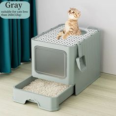 a cat sitting on top of a litter box