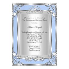 an elegant blue and silver birthday party card