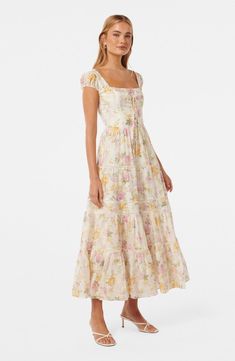 Ever New Cottage Core Floral Maxi Dress | Nordstrom Positano Dresses, Tea Party Dress To Impress, Dainty Clothing, Conservative Dress, Pastel Floral Dress, Ruffle Shoulder Dress, Colorful Floral Dress, Skirt With Lace Trim, Cottage Dress