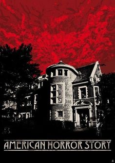 an american horror story poster with a creepy looking house in the background and red clouds overhead