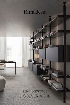 a living room filled with furniture and bookshelves next to a wall mounted tv