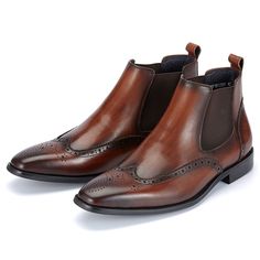 elevate your footwear collection with our meticulously crafted handmade men's full grain leather wingtip chelsea boots. crafted with utmost care using premium full grain leather, these boots combine timeless style with unmatched quality. perfect for any occasion, these boots offer superior comfort, durability, and a touch of sophistication to enhance your overall look. Brogue Chelsea Boots, Cowboy Ankle Boots, Stylish Activewear, Oxford Brogues, Footwear Collection, High Quality Leather, Timeless Style, Full Grain Leather, Chelsea Boots