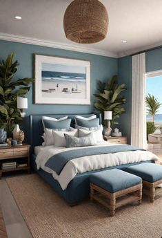 a bedroom with blue walls and white bedding, large windows, potted palm trees