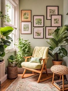 a living room filled with lots of plants and pictures on the wall next to a chair