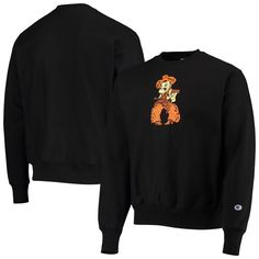 The Champion Black Oklahoma State Cowboys Vault Logo Reverse Weave Pullover Sweatshirt is a must-have for devoted Oklahoma State Cowboys fans. Crafted from a cozy cotton and polyester blend, this midweight sweatshirt features a fleece lining for added warmth during chilly game days. Distressed details give it a vintage look, while the pullover design allows easy layering. Whether cheering from the stands or showing support, this sweatshirt represents the Oklahoma State Cowboys in style. Throwback Fan Gear Tops For Fall, Long Sleeve Fan Apparel Top With Character Print, Fall Fan Merchandise Tops In Pop Culture Style, Long Sleeve Character Print Fan Apparel Top, Character Print Crew Neck Top For College, Pop Culture Fan Merchandise Sweatshirt For Fall, Black Pop Culture Sweatshirt For Fall, Fall Pop Culture Fan Merchandise Sweatshirt, Black Fan Apparel Sweatshirt