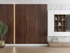 a living room with wood paneling and white walls