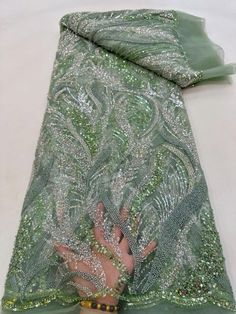 Color Verde Claro, Beaded Lace Fabric, Terrapin, Nigerian Lace, Fashion Beads, Beaded Tulle, Luxury Fabric, Pearl And Lace, Beaded Wedding