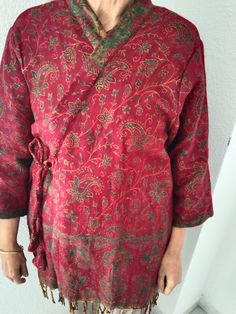 Winter wrap tunic Fits upto size 2Xl Fall Wrap Top With Tie Waist, Fall Tunic For Loungewear, Traditional Long Sleeve Tunic For Fall, Traditional Wrap Kimono For Fall, Bohemian Long Sleeve Tunic For Loungewear, Traditional Fall Wrap Kimono, Floral Print Kimono Tunic, Winter Long Sleeve Printed Kimono, Fall Boho Print One-size Kimono