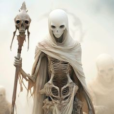 a skeleton dressed in white holding a sceptacle with two skulls on it's back