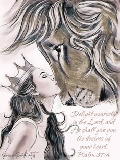 a drawing of a woman and a horse with the words, delight yourself in the lord and