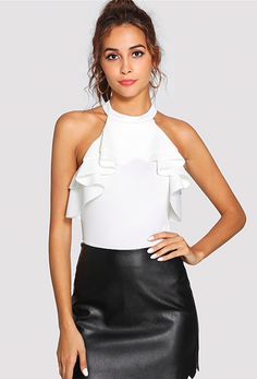 This sassy but sweet sleeveless bodysuit is perfection. Featuring a halter-style top with cascading ruffles, and a keyhole back. This bodysuit pairs perfectly with pants, jeans, skirts, shorts and leggings. Made with a polyester and spandex blend for comfort and style. Fitted Ruffle Halter Top For Party, Chic Ruffled Sleeveless Halter Top, Fitted Ruffled Halter Neck Top, Fitted Halter Neck Top With Ruffles, Halter Neck Top With Ruffles For Party, Flirty Ruffled Bodysuit For Party, White Fitted Ruffle Halter Top, White Fitted Ruffled Halter Top, Fitted White Halter Top With Ruffles