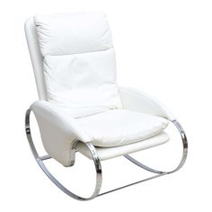 a white leather rocking chair with chrome frame and footrests on an isolated white background