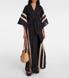 Striped cotton chambray kaftan in black - Adriana Degreas | Mytheresa Black Cover Up, Strapless Long Dress, Adriana Degreas, Spring Knits, Cotton Kaftan, Spring Bags, Made In Brazil, Summer Hats, Chambray