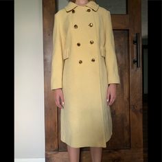 Beautiful Vintage Calf Length Lemon Yellow Coat- Beautiful Brass Buttons-Worn But It Great Shape 38” From Shoulder To Bottom, 19” Across The Waist When Buttoned Coats Vintage, Yellow Coat, Brass Buttons, Lemon Yellow, Wool Coat, Lemon, Jackets & Coats, Size 4, Jackets For Women