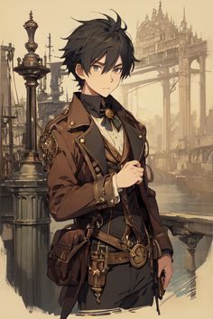 an anime character standing in front of a bridge