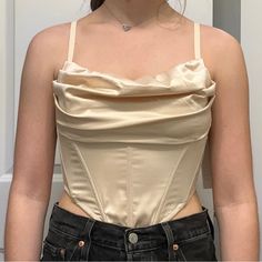 Urban Outfitters Satin Cream Corset Size: M Good Condition Glitter Crop Top, Black Cropped Cardigan, Halter Bra Top, Wrap Front Top, Bell Sleeve Crop Top, Yellow Crop Top, Urban Outfitters Women, Festival Tops, Striped Crop Top