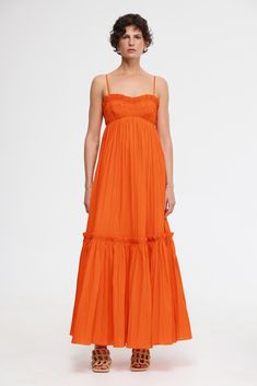 The Dartnell Maxi Dress in Apricot is designed to be fitted through the bust and float elegantly toward the hem. Crafted from an easy wear fabrication, featuring soft gathers, spaghetti straps and tiered frill detail. Pair back with a simple heel for a complete look. - Full length silhouette- Adjustable straps- Lined M Beach Formal, Soft Dresses, Orange Maxi Dress, Evening Jumpsuit, Maid Of Honour Dresses, Fall Dresses, Vest Dress, Easy Wear, Guest Dresses