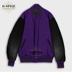 This is Purple & Black Varsity Jacket is made of High Quality Wool and Cowhide Leather Sleeves. The Front of this Jacket is Snaps Closure. Collar and Cuffs of the Jacket are Rib Knitted.  It has Four Pockets (Genuine Leather trim is used on the Pockets).  Polyester Quilted Lining is used inside to make you feel warm and comfortable. You can wear it on different places like (College Jacket, Baseball Jacket, Letterman Jacket, Bomber Jacket, Varsity Jacket, Streetwear, Gift For Him, Gift For Her, T Black Varsity Jacket With Stand Collar For Fall, Winter Streetwear Varsity Jacket With Stand Collar, Black Stand Collar Varsity Jacket For Streetwear, Black Varsity Jacket With Stand Collar For Streetwear, Black Sport Coat For College, Black Long Sleeve Sport Coat For College, Black Stand Collar Track Jacket For Fall, Black Track Jacket With Stand Collar For Fall, Black Sport Coat With Stand Collar For Fall