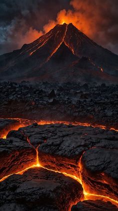 the lava is lit up with bright orange lights in front of a large, active volcano