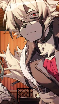 an anime character with white hair and red eyes in front of a wooden wall,