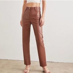 Nwot Aritzia Wilfred Cognac High Rise Vegan Leather Melina Pants. Size 10. High Rise, Straight Leg, Button/Zipper Closure, 5 Pocket Style. Approximate Lay Flat Measurement’s Waist 16” Rise 12” Inseam 28” Leg Opening 7” Smoke And Pet Free Environment Offers Welcomed N Leather Pants Style, Melina Pants, Melina Pant, Brown Leather Pants, Vegan Leather Pants, Aritzia Pants, Leather Pant, Aritzia Wilfred, High Rise Pants