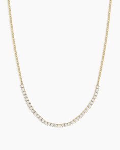 This half-diamond tennis necklace is a fun take on a classic style. 35 brilliant cut diamonds set in solid gold are eye-catching and easy to wear. Stack your diamond tennis necklace with other diamond necklaces and 14k gold chain necklaces for a statement look. Diamond Row Melbourne Necklace in 14k Solid Gold, Women's by gorjana Gold Tennis Necklace With Single Cut Diamonds, Gold Single Strand Tennis Necklace, Yellow Gold Fine Jewelry Tennis Necklace, Yellow Gold Single Strand Diamond Tennis Necklace, Classic Formal Tennis Necklace With Single-cut Diamonds, Diamond Tennis Necklace, 14k Gold Necklace, Tennis Necklace, 925 Sterling Silver Chain