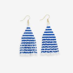 Lexie Game Day Horizontal Stripes Beaded Fringe Earrings Blue and White Summer Blue Beaded Earrings, Adjustable Blue Beaded Fringe Earrings, Blue Earrings With Tiny Beads For Summer, Blue Beaded Fringe Earrings For Beach, Blue Beaded Fringe Jewelry For Beach, Rainbow Chevron, Stone Accessories, Beaded Fringe Earrings, Shimmer Shine